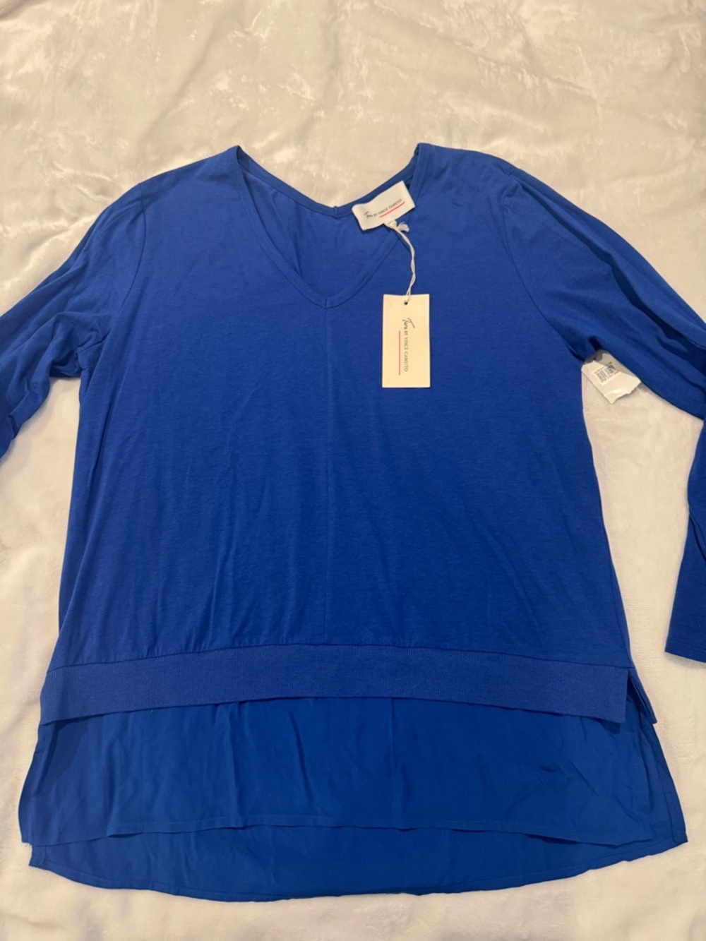 Vince Camuto Royal Blue V-Neck Layered Hem Pullover